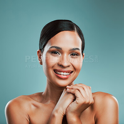 Buy stock photo Happy, portrait or woman with beauty, skincare or glow on face in studio on blue background. Antiaging treatment, smile or confident girl with facial health for wellness, shine or pride in France