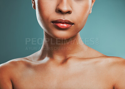 Buy stock photo Beauty, collarbone and skincare with woman in studio isolated on blue background for hygiene closeup. Skin, dermatology and wellness with model person at salon or spa for natural cosmetics treatment