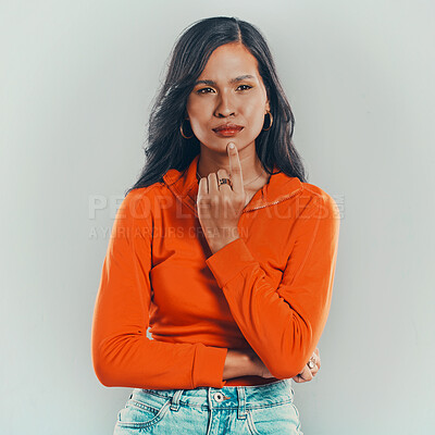 Buy stock photo Thinking, decision and woman with ideas, choice and thoughtful on gray studio background. Person, planning and model with doubt, questions or confused with contemplation, solution and problem solving