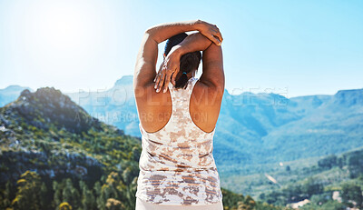 Buy stock photo Back, fitness and woman stretching with mountain view for start of exercise or wellness routine. Balance, nature and warm up with athlete person getting ready for outdoor training or workout