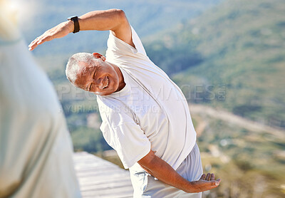 Buy stock photo Stretching, yoga and park with senior man in nature for holistic health, flexibility and workout. Pilates, exercise and healing with people in fitness class for breathing, zen and wellness balance