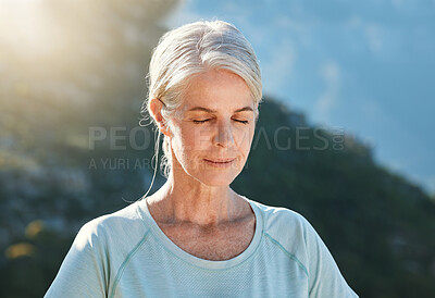 Buy stock photo Senior, woman and relax with mountain for meditation, zen or inner peace for awareness in nature. Mature, female person or yogi with eyes closed for calm, stress relief or yoga in health and wellness