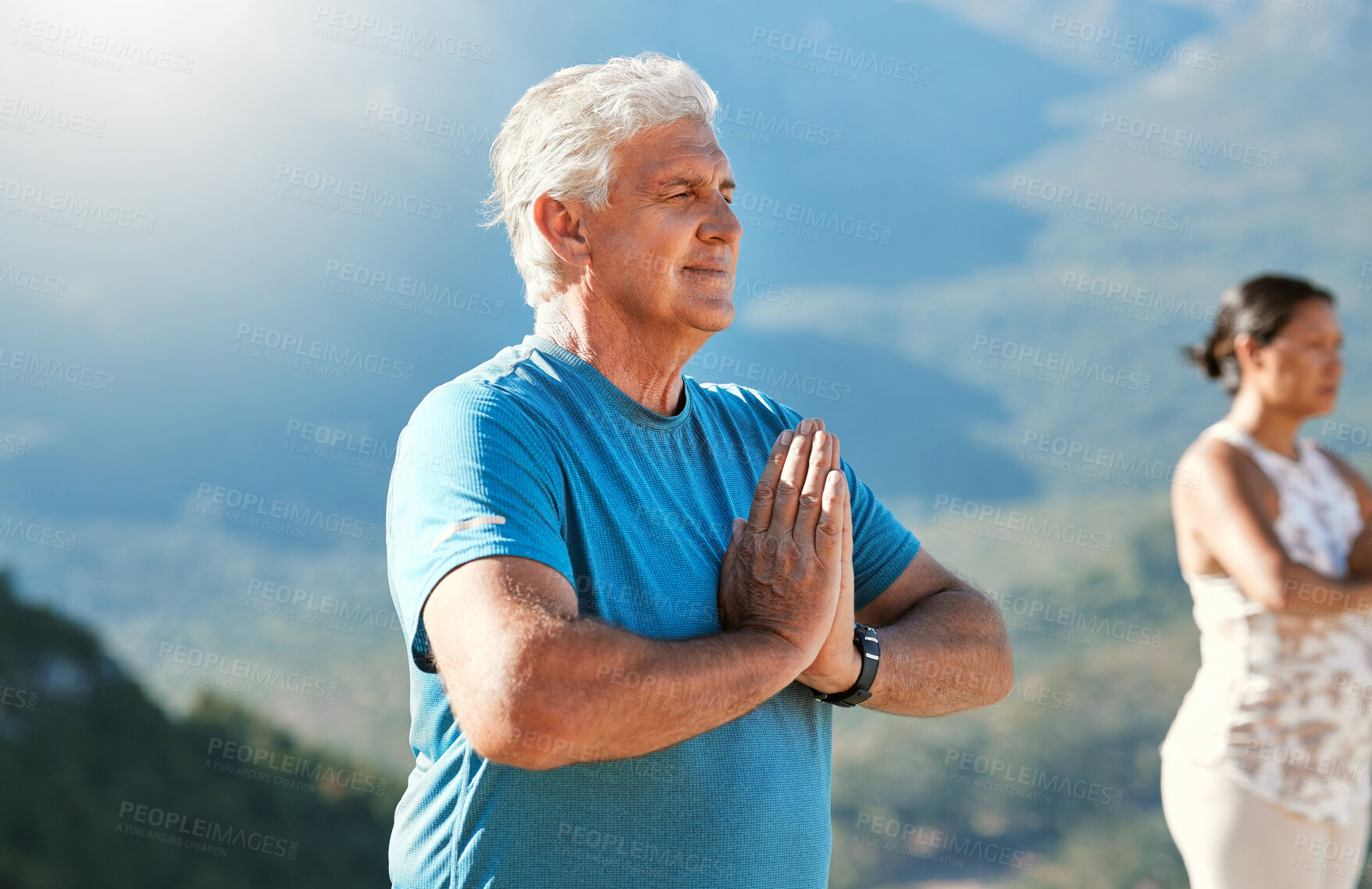 Buy stock photo Yoga class, man and namaste to meditate in nature for fitness, body health and peace outdoor. Spiritual, calm and senior people with prayer hands pose for breathing exercise, chakra and mindfulness