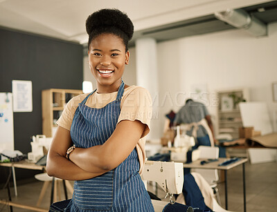 Buy stock photo Fashion designer, portrait and woman with smile, confident and sewing machine for design and threading. Seamstress, creative and black person in workshop, tailoring and professional dressmaker