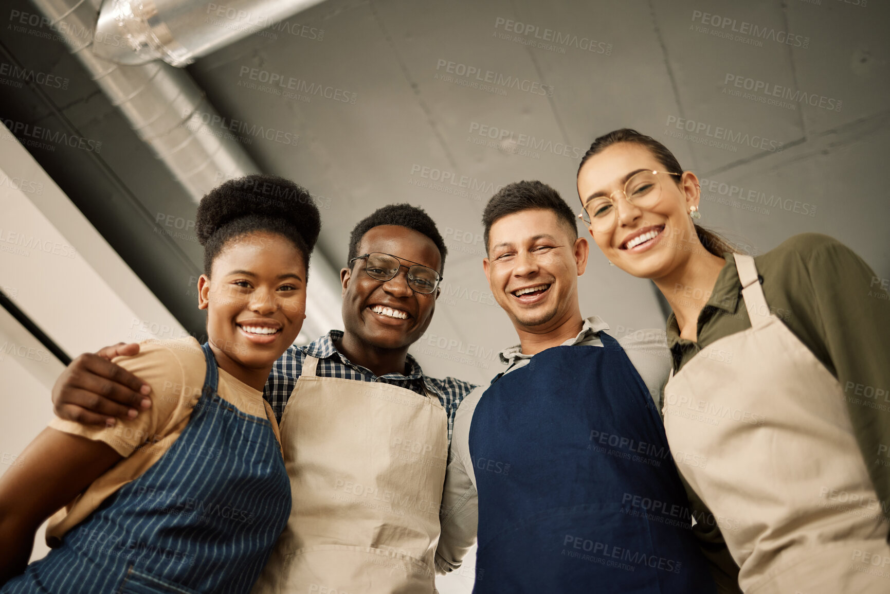 Buy stock photo Portrait, happy team and waiters together at cafe for support, solidarity and about us in low angle. Group diversity, barista and people at coffee shop for customer service, laugh and face at startup