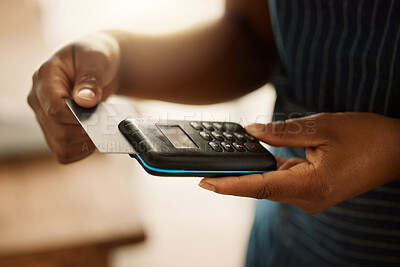 Buy stock photo Hands, person and machine with debit card for payment, sale and purchase with transaction. Closeup, business and employee with electronic pos or credit for deal, fintech and ecommerce for service