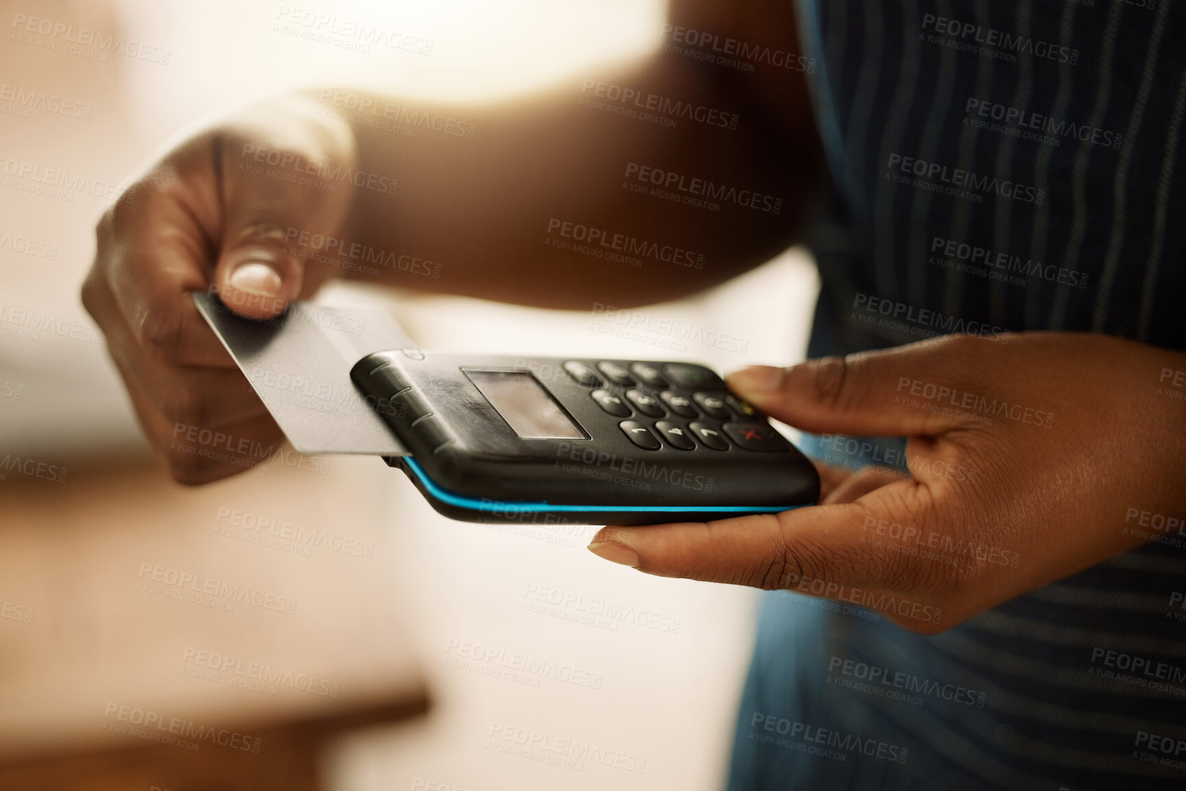 Buy stock photo Hands, person and machine with debit card for payment, sale and purchase with transaction. Closeup, business and employee with electronic pos or credit for deal, fintech and ecommerce for service