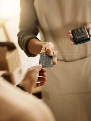 Buy stock photo Hands, employee and customer with card machine for payment, sale or purchase with transaction. Closeup, business person and client with electronic pos on portrait for deal and ecommerce for service