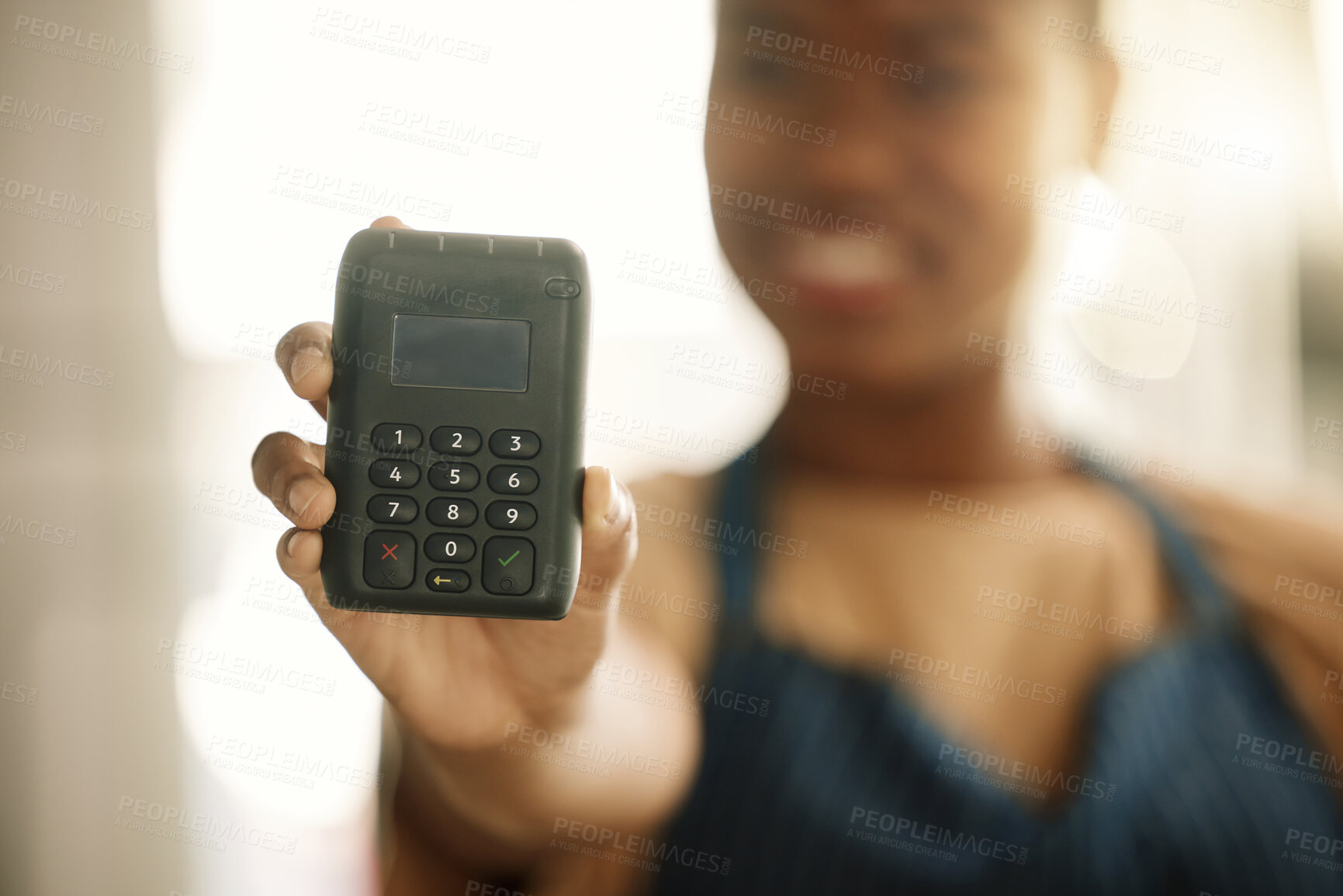 Buy stock photo Hands, person and employee with card machine for payment, sale or purchase with transaction. Closeup, business person and apron with electronic pos on portrait for deal and ecommerce for service