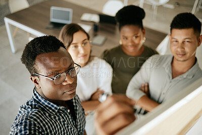 Buy stock photo Writing, people and diversity in office as creative designer in company, business or digital agency. Group, team and brainstorming with ideas, together and collaboration for solidarity or coworking