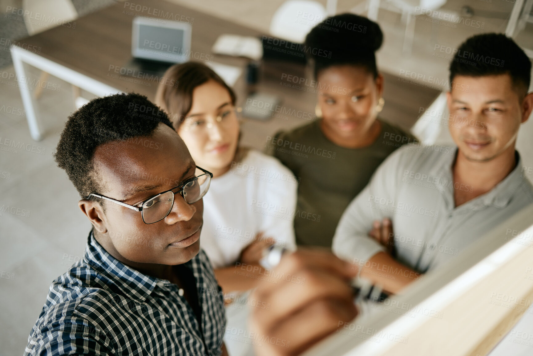 Buy stock photo Writing, people and diversity in office as creative designer in company, business or digital agency. Group, team and brainstorming with ideas, together and collaboration for solidarity or coworking