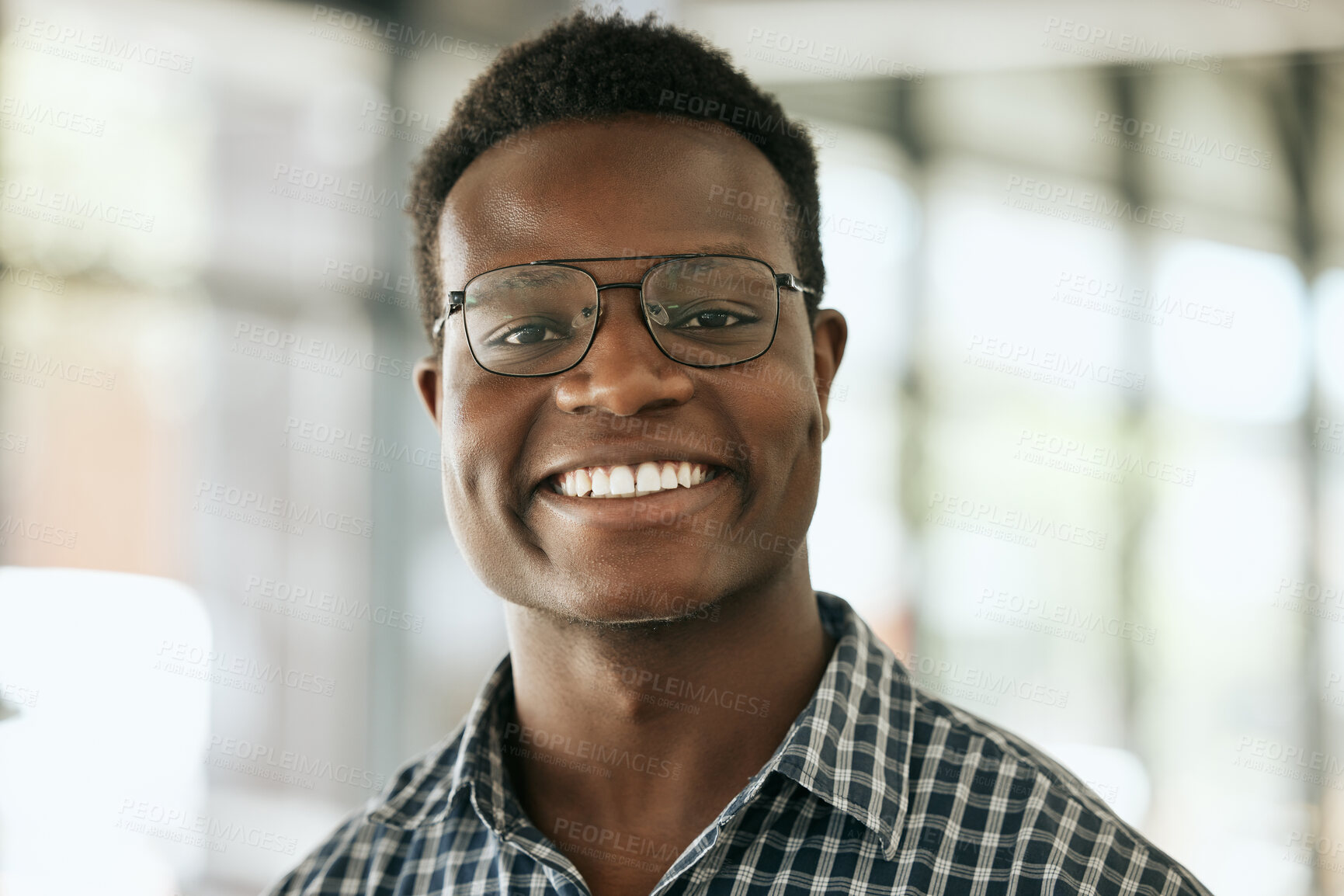 Buy stock photo Portrait, smile and black man in office, glasses and ambitious for business, proud and expert of project. Entrepreneur, happy and person in company, professional and consultant in finance and Nigeria