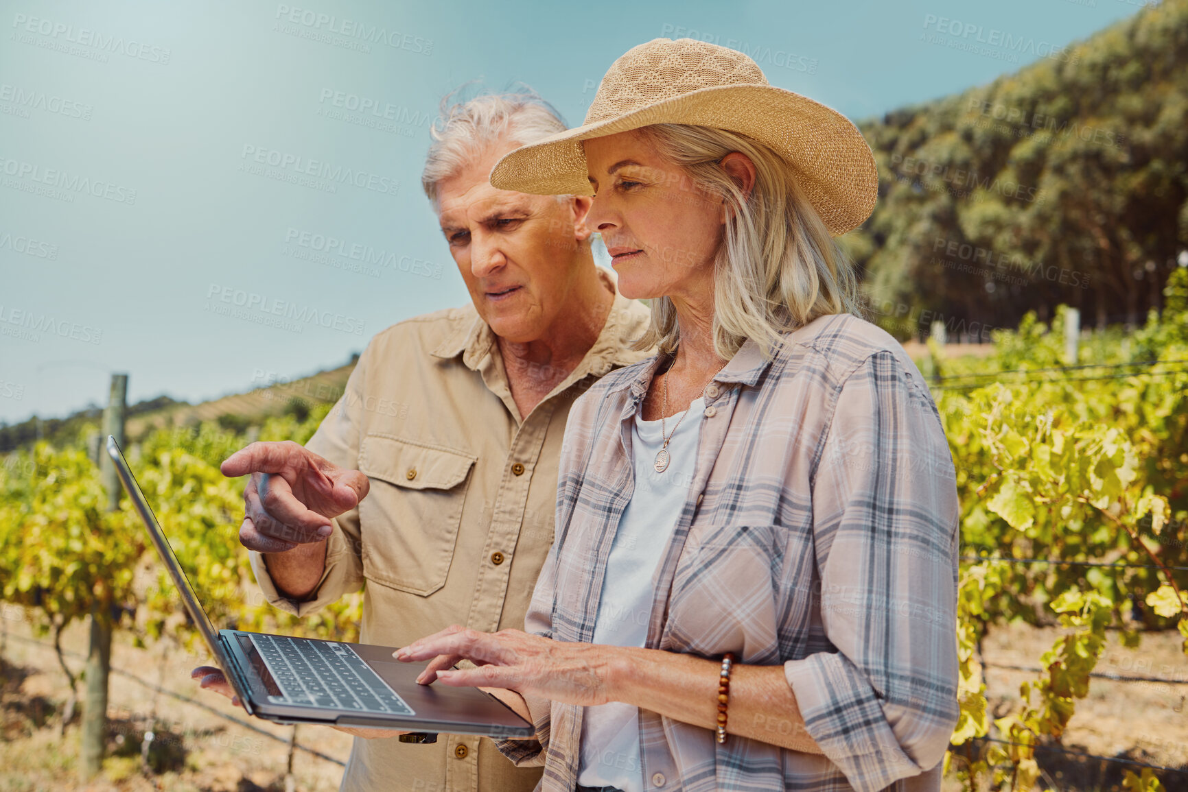 Buy stock photo Farmer, man and woman with laptop, agriculture and quality control of harvest, sustainability or digital report. Mature couple, outdoor and discussion with tech, vineyard and countryside inspection