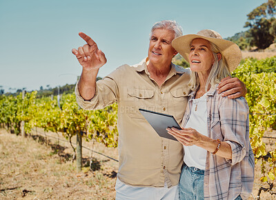 Buy stock photo Pointing, farmer man and woman with tablet, agriculture and quality control of harvest, sustainability and report. Mature couple, outdoor and discussion with tech, vineyard and countryside inspection