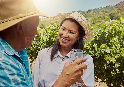 Buy stock photo Couple, love and wine glass in nature for relationship, holiday and bonding together on date with cheers. Mature, people and drink on countryside farm for romance, vacation and happy with celebration