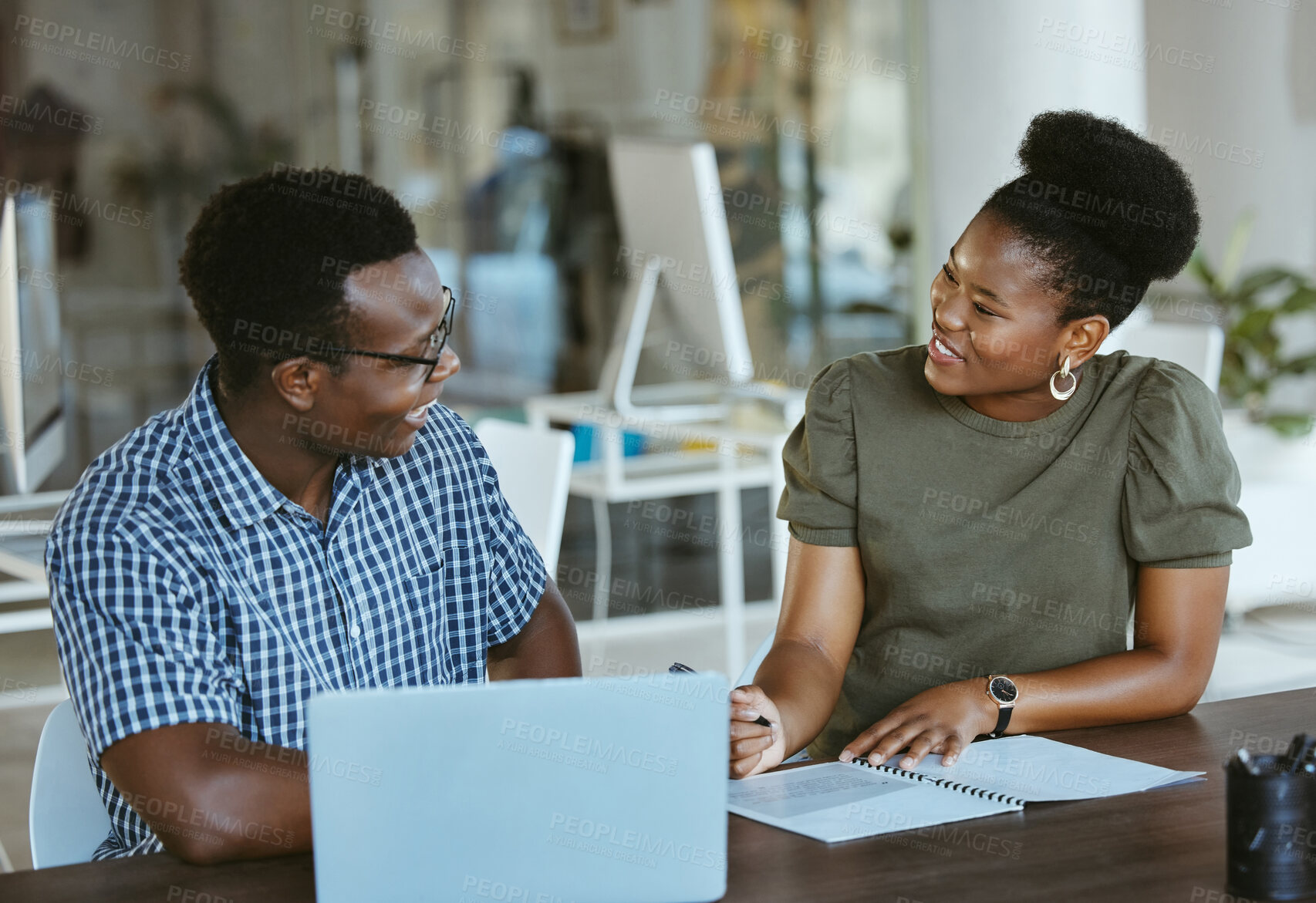 Buy stock photo African people, meeting and business in office for planning, brainstorming and local development ideas. Happy man, woman and tech in workplace with paper, agreement and project management for growth