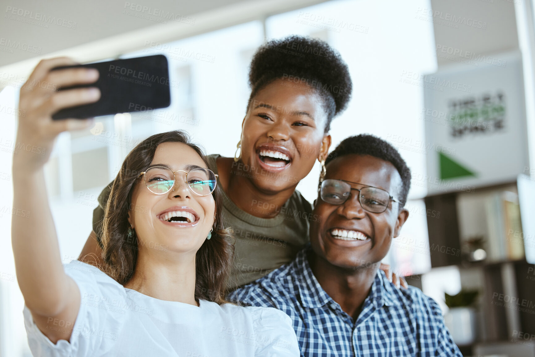 Buy stock photo Happy, business people and team with selfie for photography, picture or memory together at office. Young group, friends or employees with smile in joy for capture, moment or social media at workplace