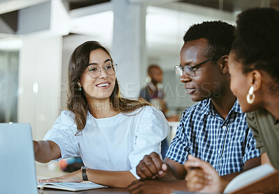 Buy stock photo Speaking, diary or business people on laptop in startup for review, feedback or brainstorming. Conversation, creative and staff talking in discussion for planning and meeting for growth projection