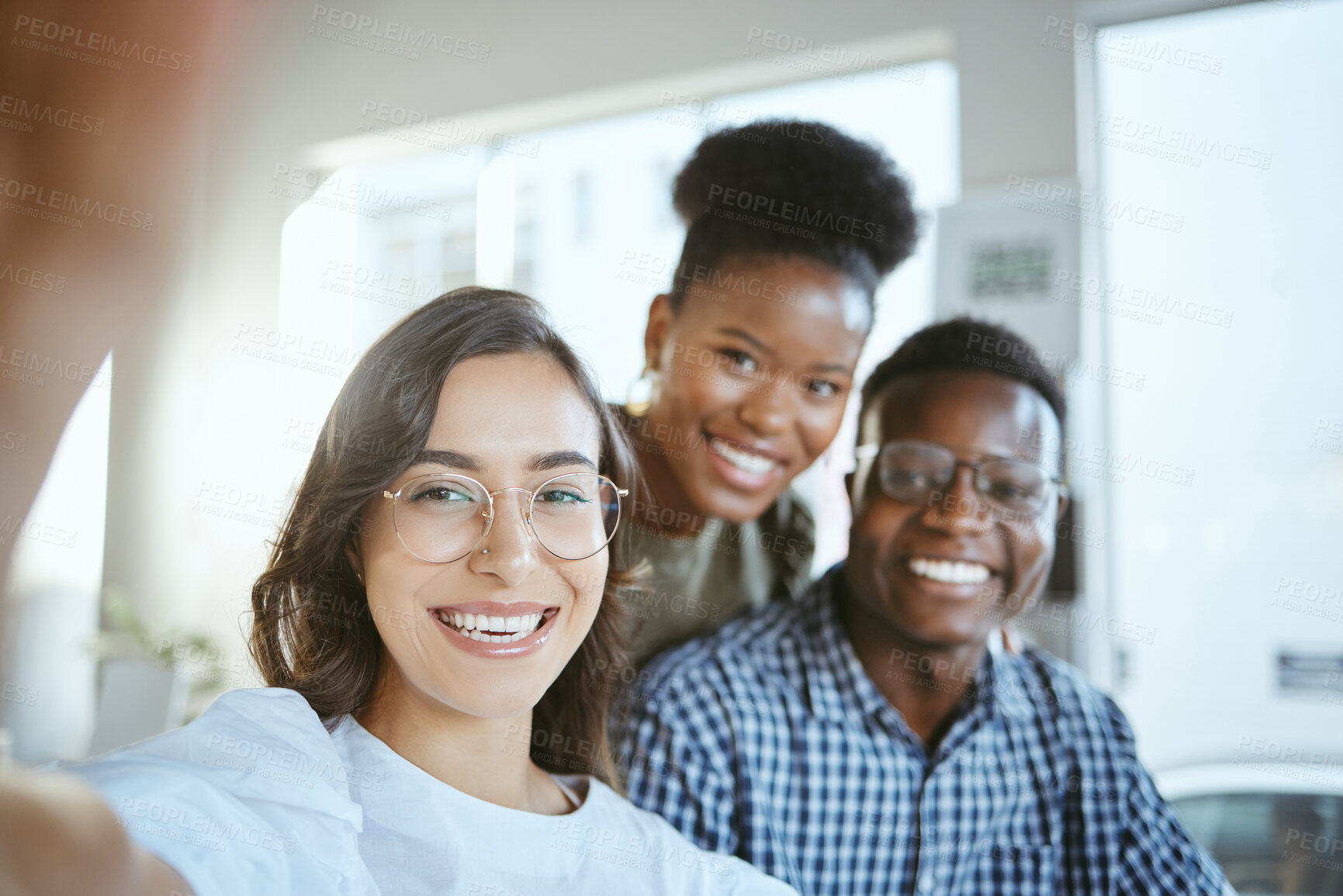 Buy stock photo Happy people, business team and portrait with selfie for photography, picture or memory at office. Young group, friends or employees with smile in joy for capture, moment or social media at workplace