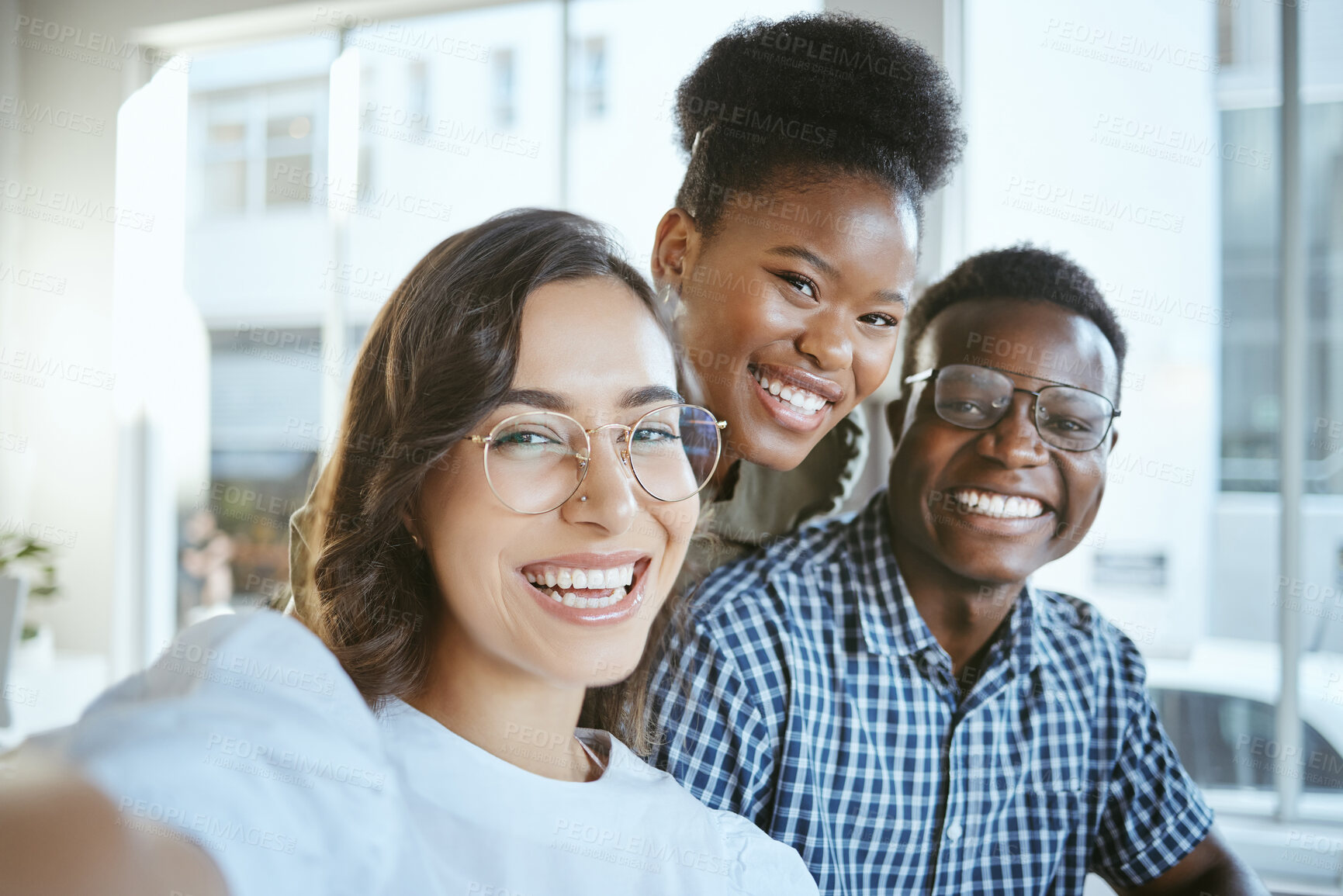 Buy stock photo Happy, business people and portrait with team for selfie, photography or picture together at office. Young group, friends or employees with smile in joy for capture, moment or memory at workplace