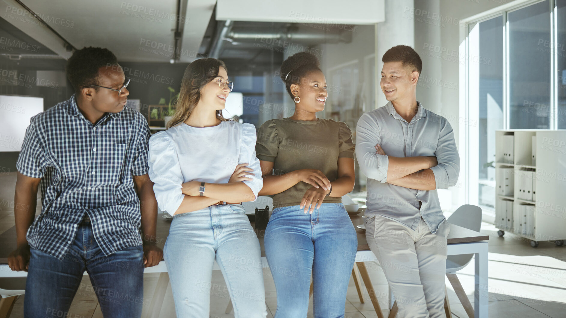 Buy stock photo Teamwork, diversity and smile with business people in office for partnership, about us and community. Support, solidarity and discussion with group of employees for mission, meeting and startup