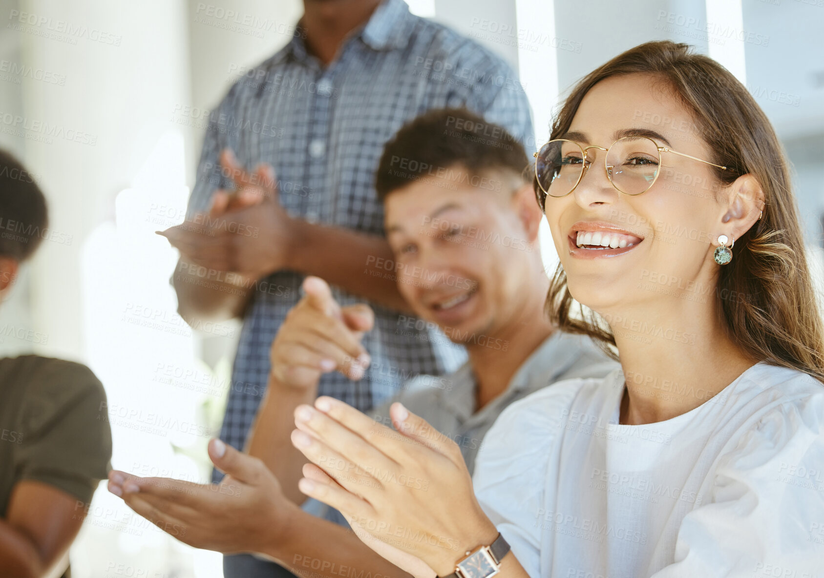 Buy stock photo Happy, business woman and meeting with applause for congratulations, promotion or presentation at office. Excited, female person or employees clapping with smile for winning or teamwork at workplace