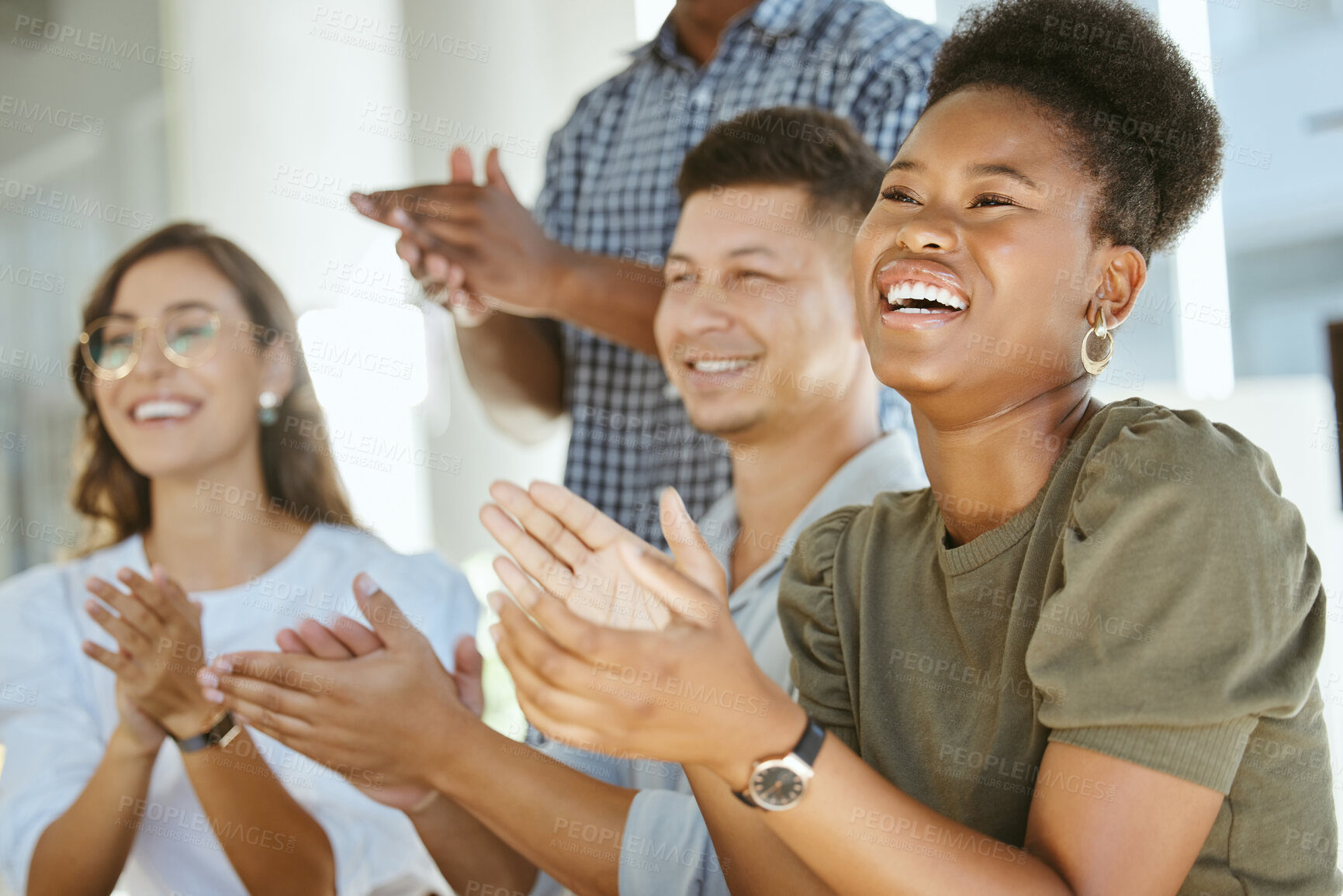 Buy stock photo Happy, business people and meeting with applause for promotion, congratulations or presentation at office. Excited, young group or employees clapping with smile for winning or teamwork at workplace