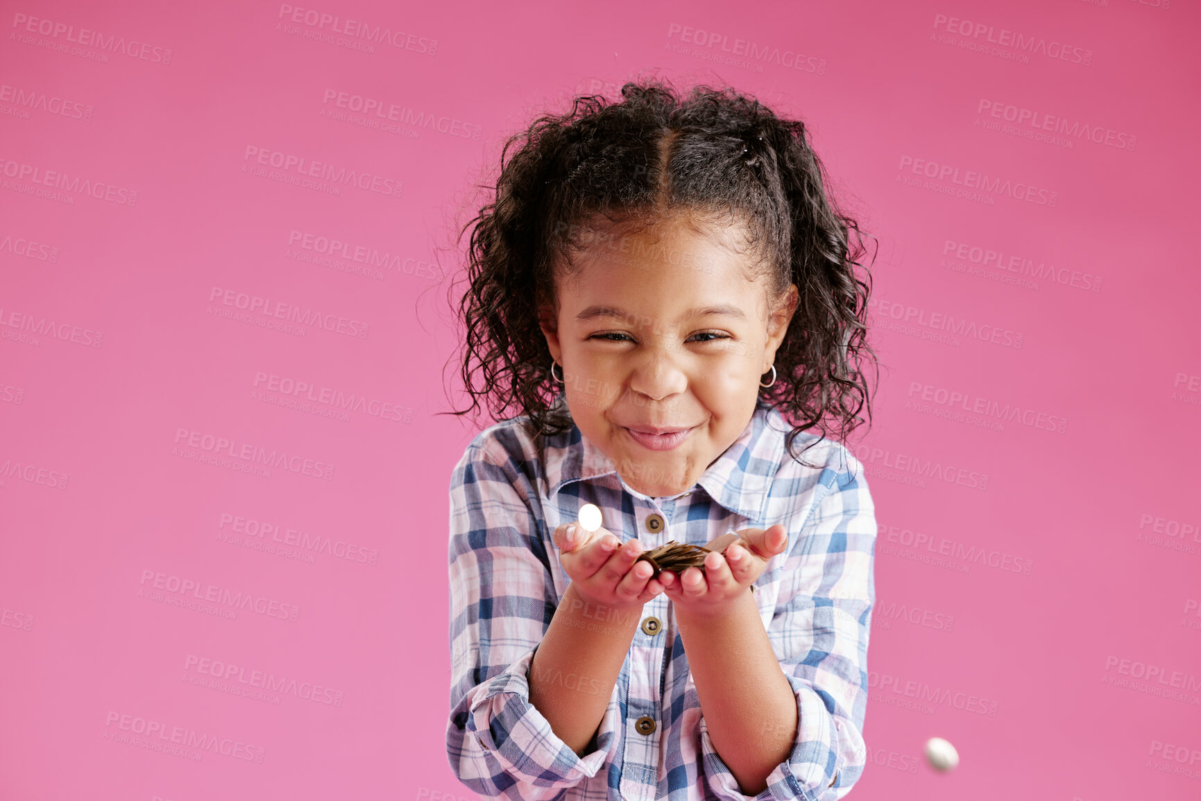 Buy stock photo Girl, smile and blow coins in studio portrait for savings, excited or good luck for growth by pink background. Child, money or cash with wish for future with finance, happy or investing in Costa Rica