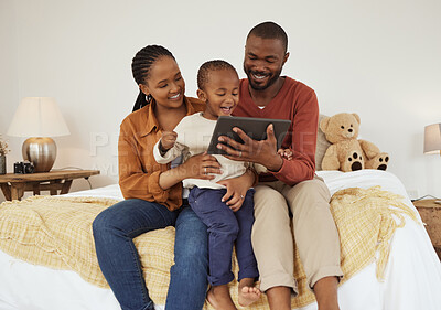 Buy stock photo Dad, mom and kid on bed with tablet, bonding and streaming online cartoon together in home. Father, mother and son relax in bedroom with digital app for fun movie, video or game for child development