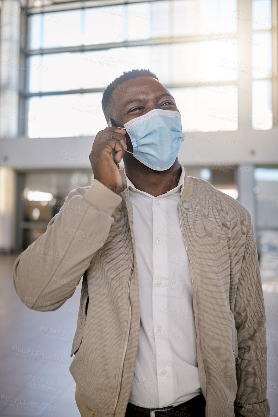 Buy stock photo Black man, mask and phone call at airport for travel, conversation or terminal with safety for networking. Person, listening and ppe with chat, smartphone and contact on international business trip