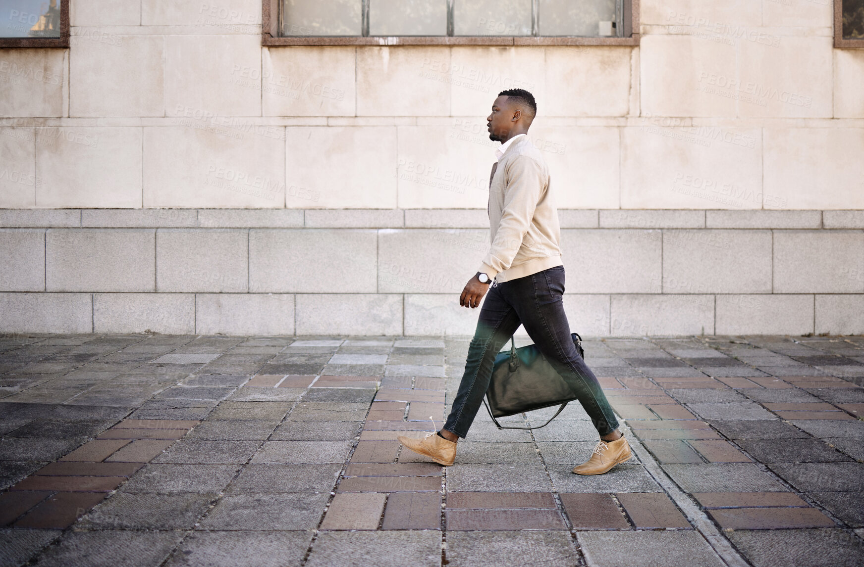 Buy stock photo Business, black man and walk with luggage for commute, urban travel and morning journey of airport. Male person, bag and flight appointment, corporate career and transport delay for urban opportunity