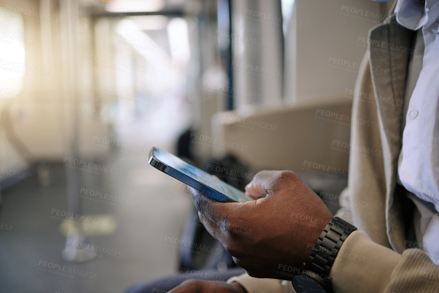 Buy stock photo Travel, train and hands of man with phone, typing and checking online connection schedule. Rail, public transport and person on metro with smartphone, morning commute and mobile app for location 