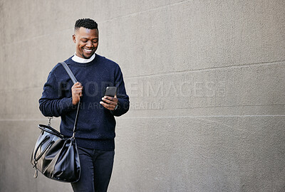 Buy stock photo Black man, suitcase and phone with travel in city for schedule, morning commute and waiting on transport. Person, mobile and walking with communication, luggage journey and map for direction outdoor