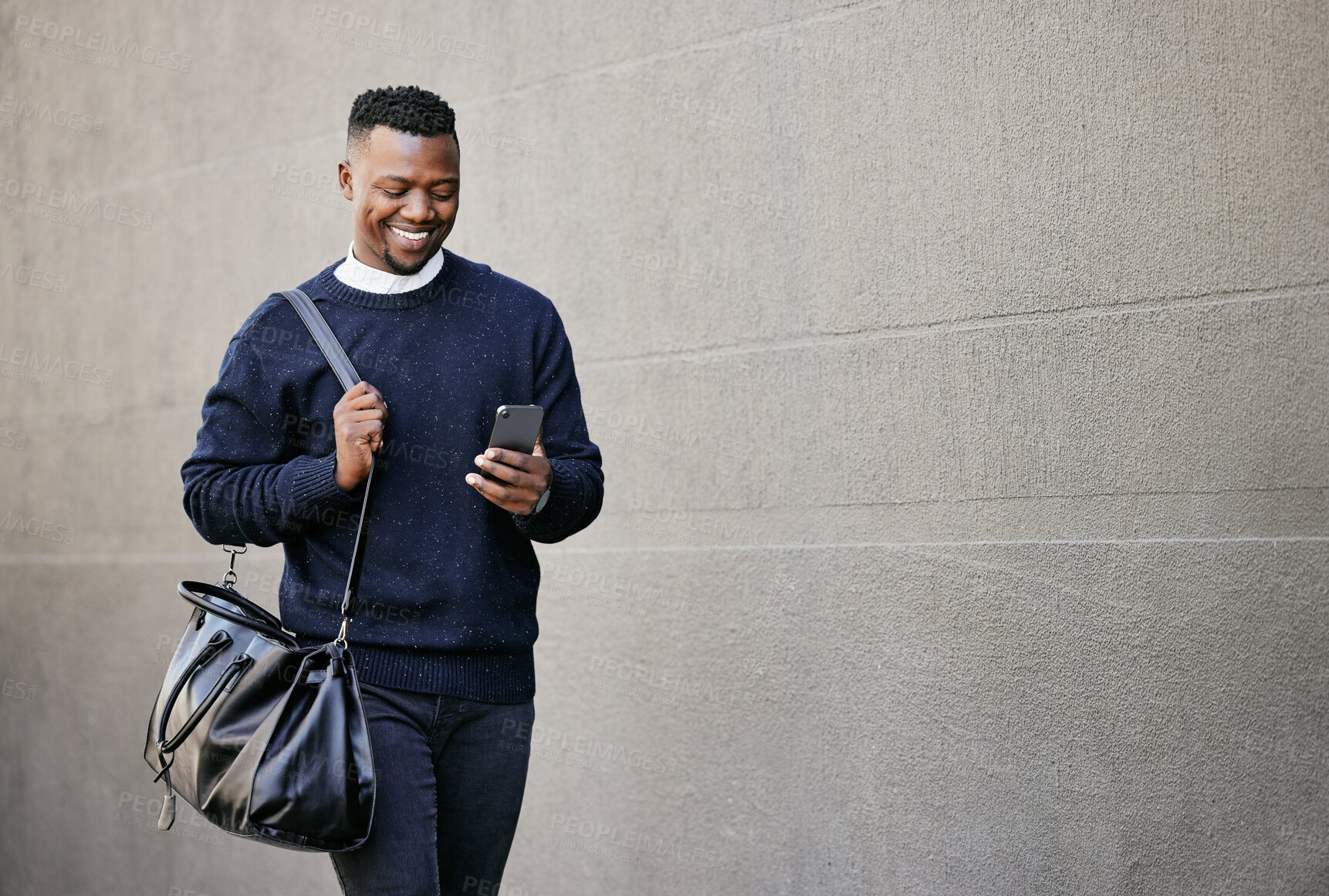 Buy stock photo Black man, suitcase and phone with travel in city for schedule, morning commute and waiting on transport. Person, mobile and walking with communication, luggage journey and map for direction outdoor