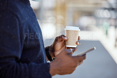 Buy stock photo Hand, person and phone with coffee for travel schedule, metro commute and waiting on transport. Passenger, mobile and communication with urban train, morning journey and location for subway platform