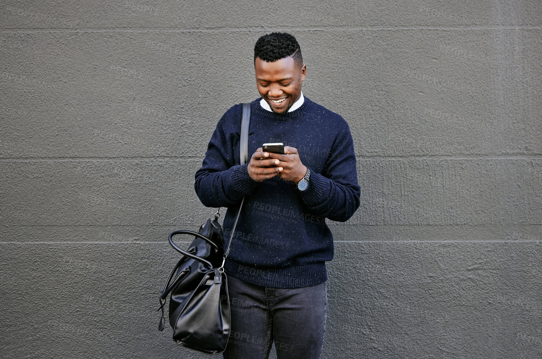 Buy stock photo Black man, happy and phone with travel in city of schedule, morning commute and waiting on transport. Person, mobile and smile with communication, luggage journey and online map of direction outdoor