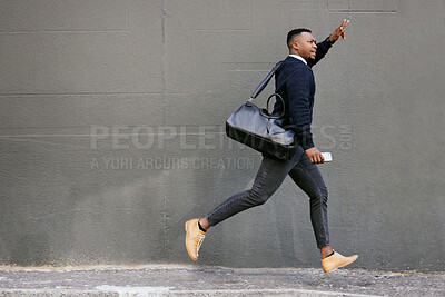 Buy stock photo Travel, rush and businessman by wall in city calling for cab, taxi or public transport for work commute. Late, running and African male finance advisor hailing for lift club, bus or metro in town,