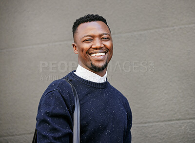 Buy stock photo Smile, bag and portrait of businessman in city walking  by wall for commuting to work. Travel, happy and African male financial advisor from Nigeria with corporate satchel for trip in urban town.