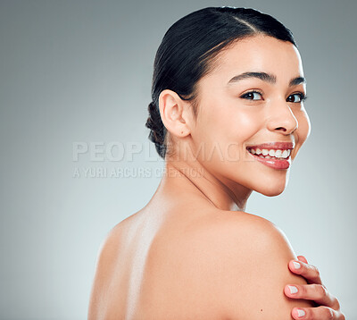 Buy stock photo Portrait, skincare and happy woman with healthy skin, cosmetics and wellness on gray studio background. Face, smile and model in spa with natural for facial treatment, dermatology and glow for beauty