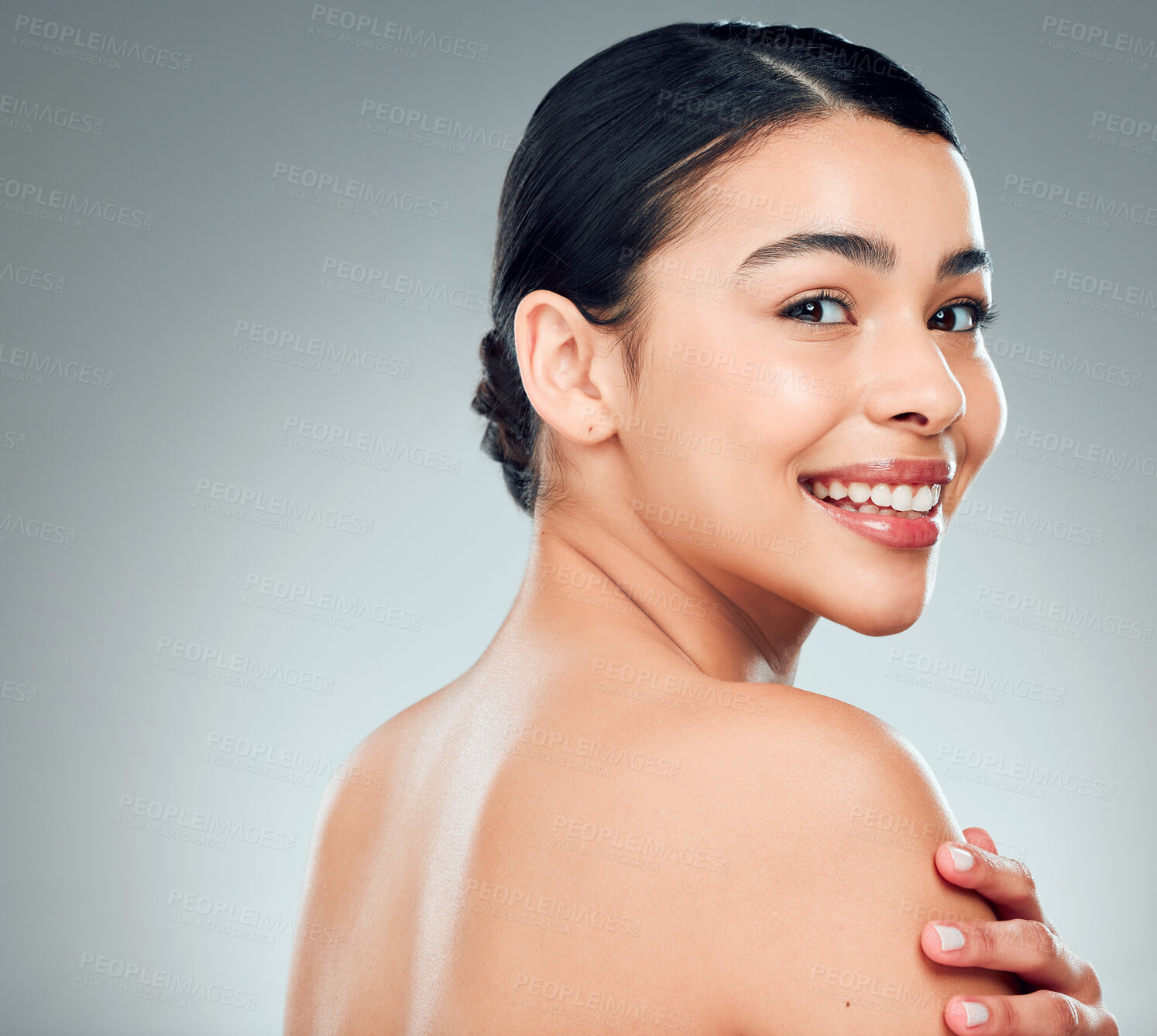 Buy stock photo Portrait, skincare and happy woman with healthy skin, cosmetics and wellness on gray studio background. Face, smile and model in spa with natural for facial treatment, dermatology and glow for beauty