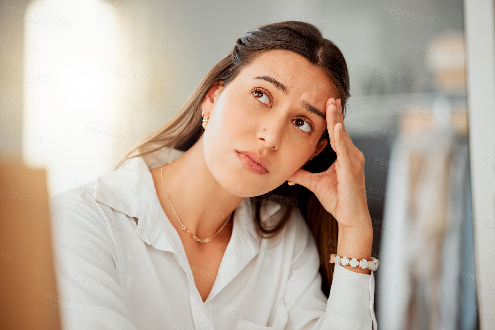 Buy stock photo Frustrated woman, headache and stress with anxiety, depression or overworked in burnout at office. Young, female person or employee with migraine, strain or pressure for fatigue, vertigo or dizziness