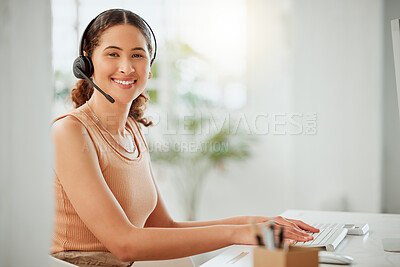 Buy stock photo Woman, portrait and headset in office with smile, contact and happy for connectivity. Virtual assistant, business and typing at computer for innovation, email feedback and advice at help desk in Peru