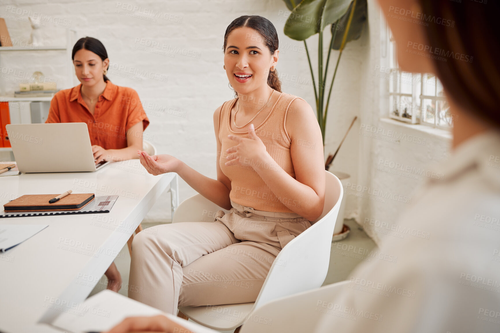 Buy stock photo Office, business people and ideas with talking for creative agency, sharing tips and startup progress. Boardroom, employees and journalism team with conversation for news story, women and listening