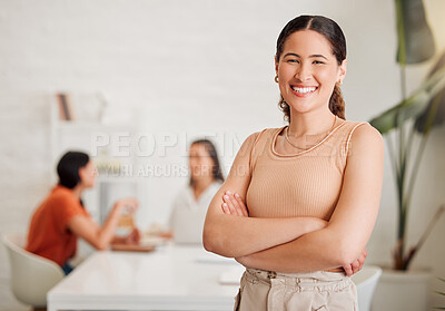 Buy stock photo Woman, confident and portrait in office for creativity, small business growth and career development. Girl, happy and arms crossed in design agency for ambition, startup pride and smile with team