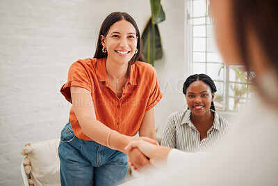 Buy stock photo Women, handshake and smile with welcome at startup with hello, support and introduction with deal at office. Business people, happy and diversity with hiring, agreement and meeting at creative agency