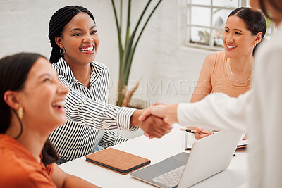 Buy stock photo Women, shaking hands and happy with welcome at startup with hello, support or introduction with deal at office. Business people, smile and diversity for hiring, agreement or thanks at creative agency