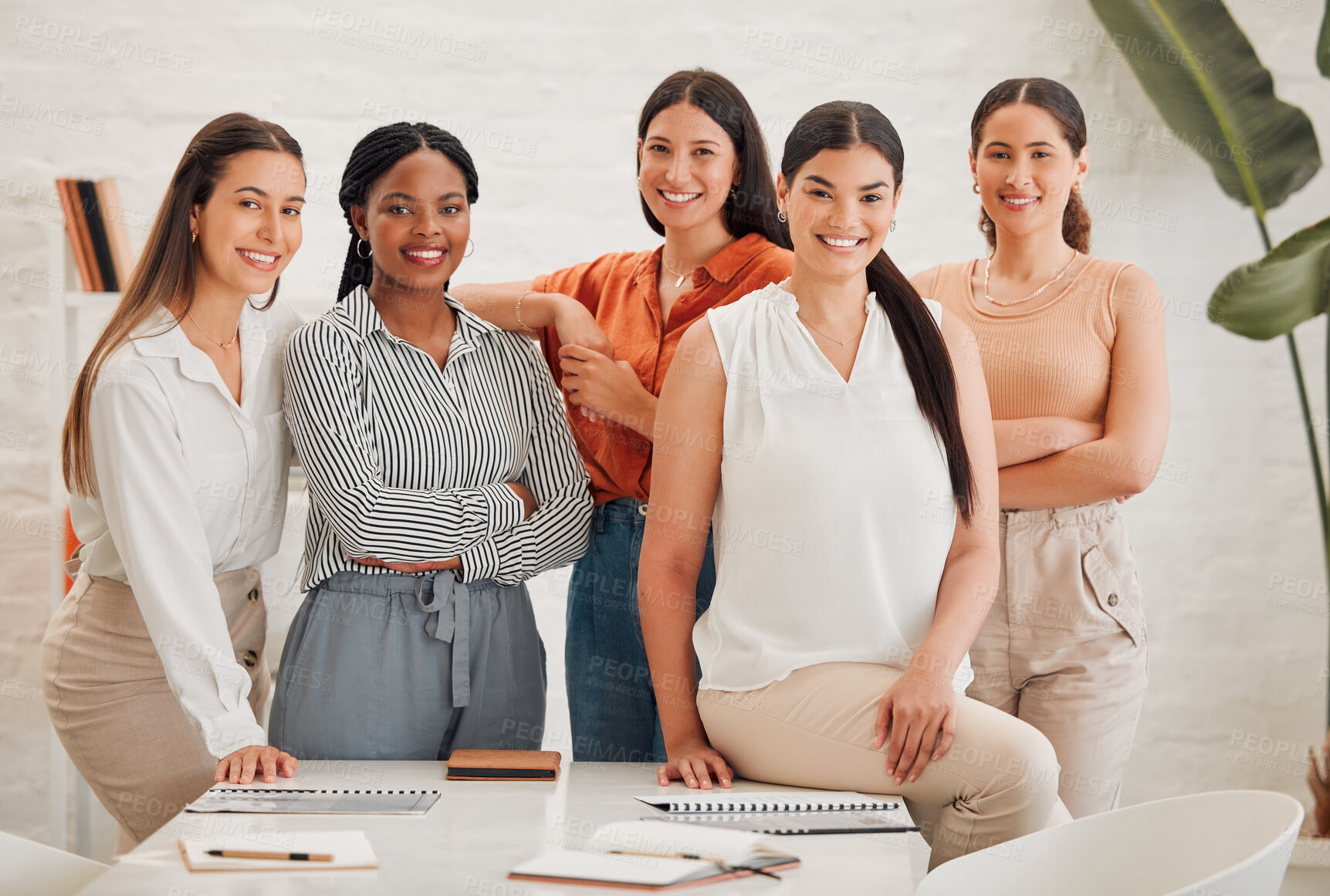 Buy stock photo Teamwork, diversity and smile with portrait of business people in office for partnership, about us and community. Support, solidarity and empowerment with group of women in startup for mission