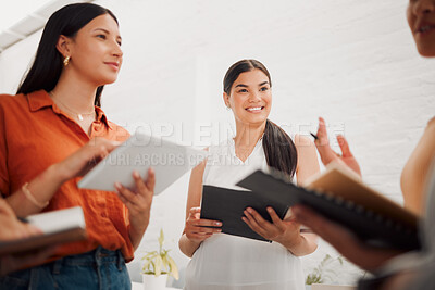 Buy stock photo Meeting, office and business women with tablet in discussion for project, online review and website. Professional, creative startup and people on digital tech for research, planning and teamwork