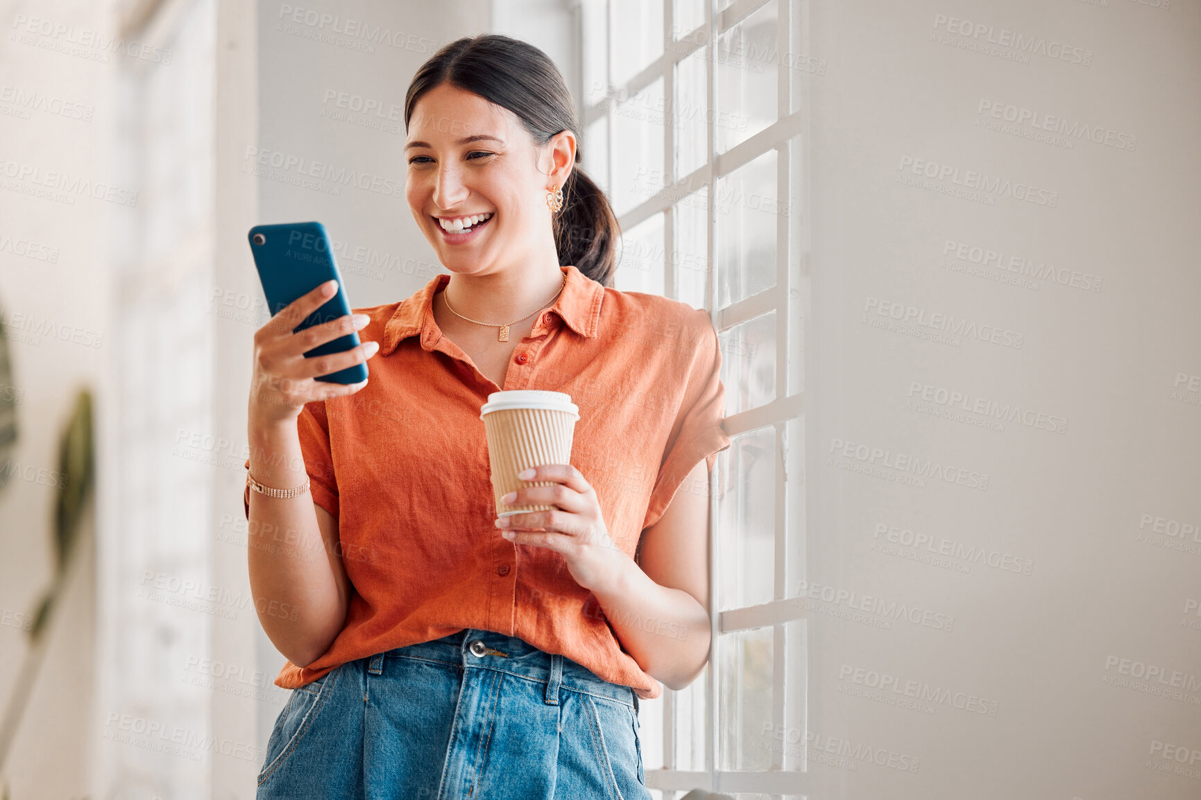 Buy stock photo Office, coffee and businesswoman with smartphone for laughing, message and online on social media. Technology, female person and creative agency manager with mobile app for joke, meme and tea break