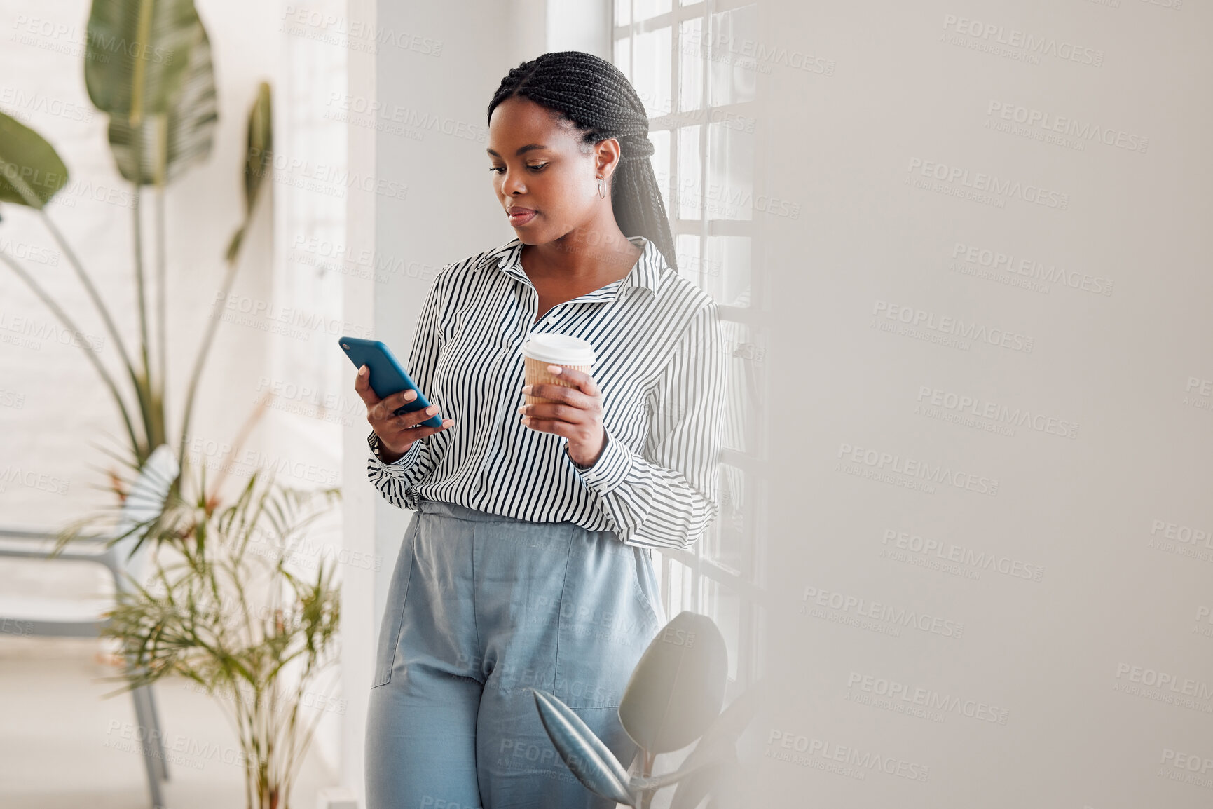 Buy stock photo Office, coffee and black woman with cellphone for online, text message and reading on social media. Mockup space, business person and creative agency manager with mobile app for chat, tea and scroll